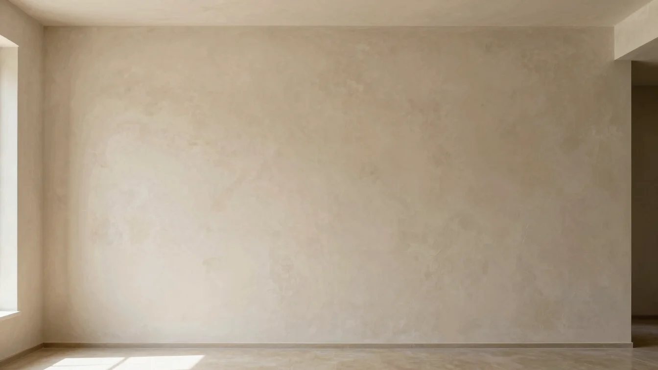 Architectural interior wall with taupe textured lime plaster finish under soft window light