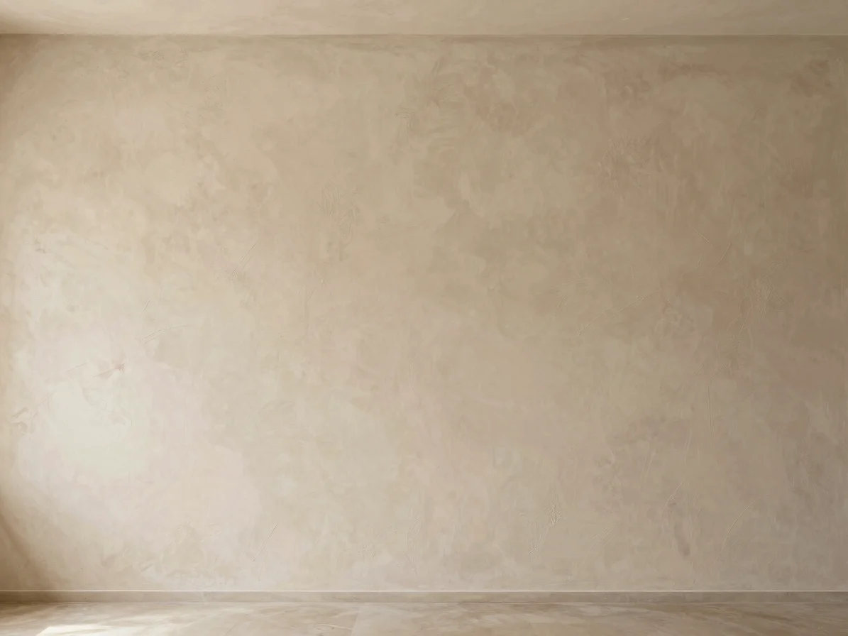 Textured lime plaster wall detail in warm beige tone, soft natural daylight, minimalist luxury interior, 35mm lens
