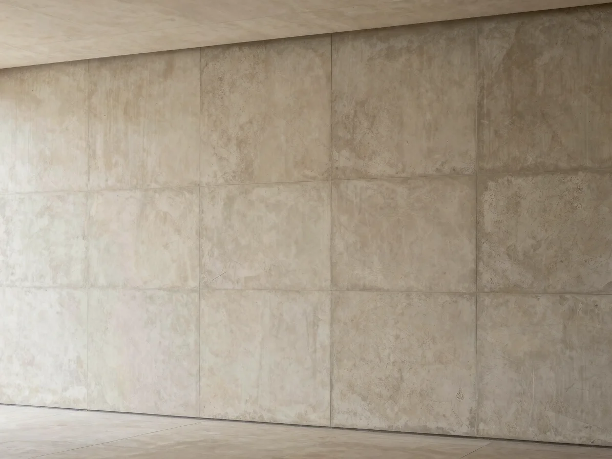 Modern architectural concrete wall finish, smooth taupe surface with subtle mineral variations, soft daylight