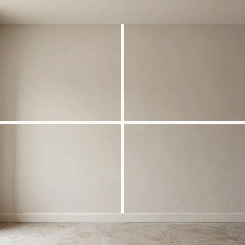 Technical data sheet layout for architectural mineral paints, minimalist clean grid, neutral tones