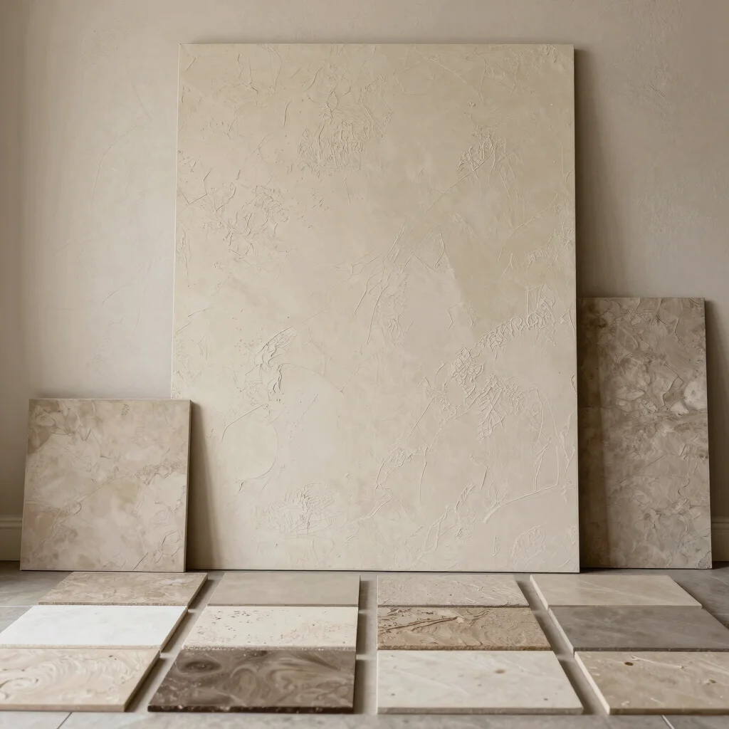 Interior design sample palette catalog, textured plaster finishes, soft daylight, luxury aesthetic