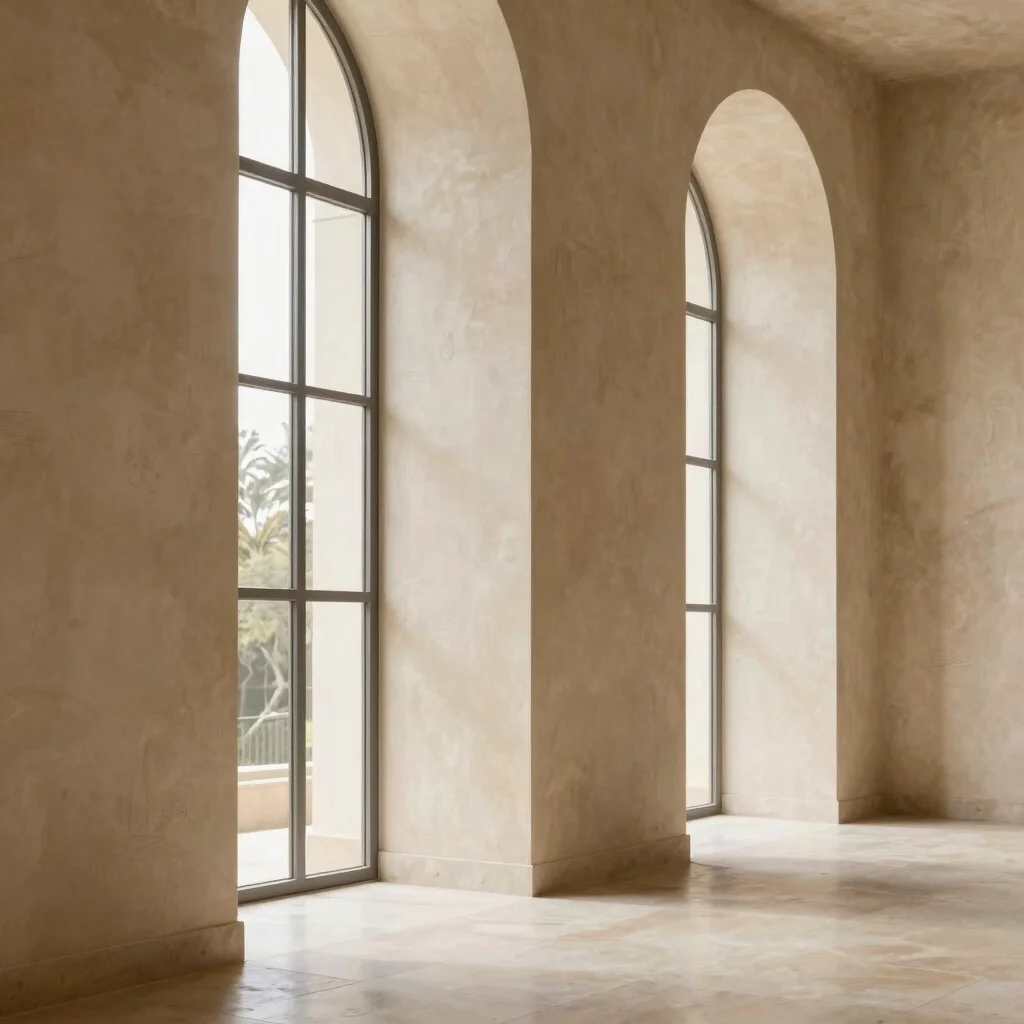 Luxurious architectural interior with warm beige textured plaster walls, soft daylight filtering through a large steel w