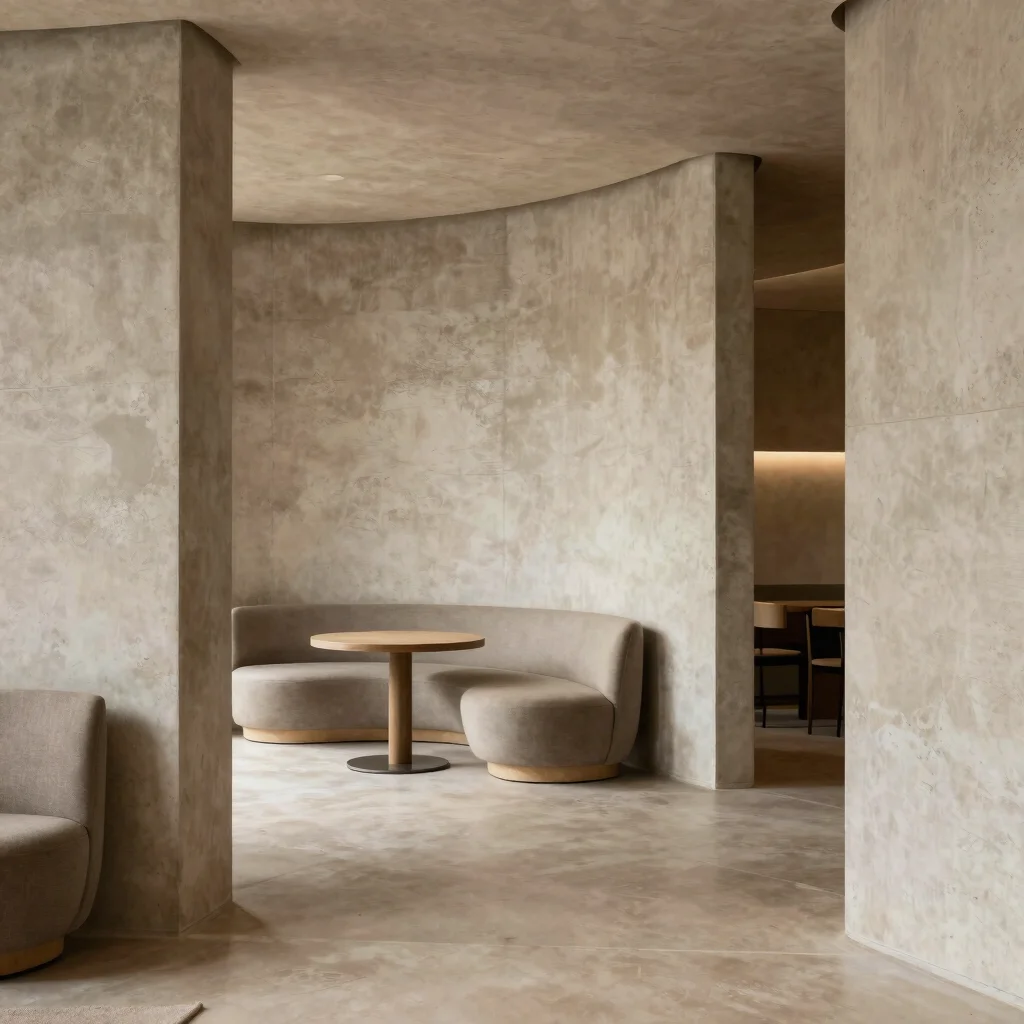 Sophisticated commercial lounge space with smooth concrete effect walls and subtle earth tones